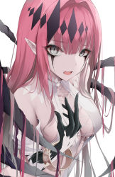 Rule 34 | 1girl, bare shoulders, bracelet, breasts, center opening, cleavage, collarbone, cross-laced clothes, dress, facial mark, baobhan sith (fate), baobhan sith (third ascension) (fate), fate/grand order, fate (series), grey eyes, highres, jewelry, kisaki oni, large breasts, long hair, looking at viewer, open mouth, pink hair, pointy ears, sidelocks, solo, thighs, tiara, white dress