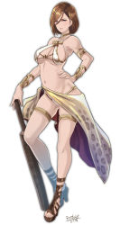 Rule 34 | 10s, 1girl, bikini, black knight (granblue fantasy), blue eyes, breasts, brown hair, butcha-u, cleavage, criss-cross halter, full body, granblue fantasy, halterneck, halterneck, hand on own hip, high heels, large breasts, looking at viewer, navel, sandals, short hair, simple background, solo, strong woman, swimsuit, white background, white bikini