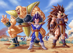 Rule 34 | 3boys, angry, armor, bald, black hair, bodysuit, boots, bracer, brown hair, crossed arms, dragon ball, dragonball z, facial hair, frown, gloves, highres, long hair, male focus, manly, multiple boys, muscular, mustache, nappa, open mouth, raditz, scouter, spacecraft, spiked hair, tail, vegeta, veins, very long hair, yosui