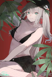 Rule 34 | 1girl, bare arms, baseball cap, bikini, black bikini, black hat, black shorts, breasts, closed mouth, commentary request, earrings, fishnet legwear, fishnets, green eyes, grey hair, hair ornament, hat, highres, jewelry, leaf, long hair, looking at viewer, original, panda hair ornament, red background, shinonome nemu (nemulog sn), shorts, simple background, small breasts, solo, swimsuit, twintails, white legwear