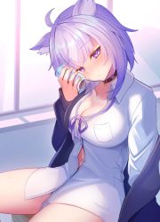 Rule 34 | 1girl, absurdres, ahoge, anichika, animal ears, black choker, black jacket, blush, breasts, can, cat ears, cat girl, choker, cleavage, collared shirt, commentary request, dress shirt, hand up, highres, holding, holding can, hololive, jacket, large breasts, long sleeves, looking at viewer, navel, nekomata okayu, nekomata okayu (oversized shirt), off shoulder, official alternate costume, one eye closed, open clothes, open jacket, parted lips, partially unbuttoned, purple eyes, purple hair, shirt, short hair, sitting, solo, virtual youtuber, white shirt