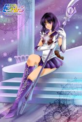 Rule 34 | 1990s (style), 1girl, artist name, bishoujo senshi sailor moon, black hair, boots, bow, brooch, brown bow, copyright name, elbow gloves, full body, glaive (polearm), gloves, high heel boots, high heels, highres, holding, holding polearm, holding spear, holding weapon, jewelry, knee boots, koya, magical girl, polearm, purple background, purple eyes, purple footwear, purple skirt, purple theme, retro artstyle, ribbon, sailor collar, sailor saturn, saturn symbol, shoes, short hair, silence glaive, sitting, skirt, smile, solo, spear, stairs, star brooch, tiara, tomoe hotaru, weapon, white gloves
