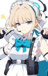 Rule 34 | 1girl, apron, armpits, black gloves, blonde hair, blue archive, blue bow, blue bowtie, blue eyes, blue ribbon, bow, bowtie, braid, breasts, bun cover, chest harness, closed mouth, commentary, double v, earpiece, elbow gloves, fingerless gloves, french braid, frills, gloves, hair bun, hair intakes, halo, harness, highres, leotard, leotard under clothes, looking at viewer, maid headdress, medium breasts, pouch, reia 76, ribbon, single hair bun, sleeveless turtleneck leotard, smile, sparkle, symbol-only commentary, toki (blue archive), twitter username, upper body, v, variations, white apron, white background
