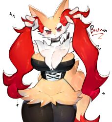 Rule 34 | animal ear fluff, animal ears, black choker, black skin, blush, braixen, breasts, choker, cleavage, colored skin, corset, creatures (company), ear piercing, fox, fox ears, fox girl, fox tail, furry, furry female, game freak, gen 6 pokemon, highres, huge breasts, looking at viewer, nintendo, piercing, pokemon, pokemon (creature), red eyes, red fur, snout, tail, thick thighs, thighs, togetoge, white fur, wide hips, yellow fur
