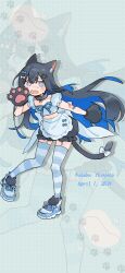 Rule 34 | 1girl, @ @, absurdres, alternate costume, animal collar, animal ears, animal hands, april fools, apron, bandaid, bandaid on arm, black bloomers, black collar, black gloves, black hair, bloomers, blue apron, blue background, blue eyes, blue footwear, blue shirt, blue thighhighs, blush, bow, cat ears, cat tail, cevio, character name, collar, colored inner hair, commentary, cropped shirt, dated, drop shadow, floating hair, frills, full body, futaba minato, gathers, gloves, hair bow, hand up, highres, kemonomimi mode, leaning forward, long hair, looking at viewer, midriff, multicolored hair, multiple hair bows, nervous sweating, official art, paw gloves, paw print, paw print background, pigeon-toed, sayonaka megumo, second-party source, shirt, shoes, short sleeves, sneakers, solo, standing, striped clothes, striped thighhighs, sweat, tail, thighhighs, underwear, waist apron, wavy mouth, zoom layer