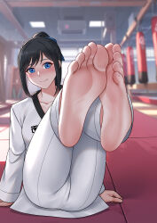 Rule 34 | 1girl, absurdres, barefoot, black hair, blue eyes, blue ribbon, blurry, blurry background, blush, ceiling, chain, chinese commentary, collarbone, commentary, commission, day, dougi, feet, feet up, foot focus, greek toe, gym, highres, long bangs, long sleeves, mat, oirin, on floor, original, pale skin, pixiv commission, ponytail, punching bag, ribbon, shelf, smile, soles, solo, sunlight, sweat, taekwondo, toenails, toes