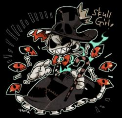 Rule 34 | 1girl, 2017, black background, bow, bowtie, candy, candy cane, dress, food, frilled dress, frills, gloves, hat, lowres, peacock (skullgirls), sharp teeth, skullgirls, solo, teeth, top hat, yamada9000