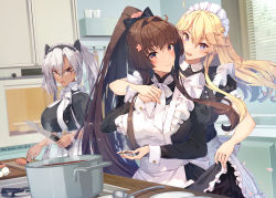 Rule 34 | 3girls, alternate costume, apron, black dress, blonde hair, blue eyes, breasts, brown eyes, brown hair, carrot, cherry blossoms, cooking, dark-skinned female, dark skin, dress, enmaided, flower, food, frilled apron, frilled dress, frills, glasses, grey-framed eyewear, hair between eyes, hair flower, hair ornament, hair ribbon, head tilt, headgear, highres, himeyamato, indoors, iowa (kancolle), kantai collection, kitchen, knife, ladle, large breasts, light brown hair, long hair, long sleeves, maid, maid apron, maid headdress, multiple girls, musashi (kancolle), musashi kai ni (kancolle), onion, pointy hair, ponytail, puffy short sleeves, puffy sleeves, rectangular eyewear, red eyes, ribbon, semi-rimless eyewear, short hair with long locks, short sleeves, soup, star-shaped pupils, star (symbol), stove, symbol-shaped pupils, tasting, text background, tray, twintails, two side up, waist apron, white apron, wrist cuffs, yamato (kancolle)