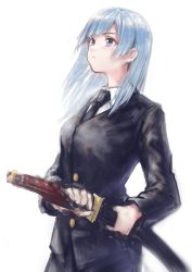 Rule 34 | 1girl, asymmetrical bangs, black necktie, black pants, black suit, blue eyes, blue hair, breasts, closed mouth, collared shirt, commentary, cowboy shot, dress shirt, formal, hand on hilt, highres, jujutsu kaisen, katana, level9kaito, light blue hair, long hair, long sleeves, looking up, medium breasts, miwa kasumi, necktie, pants, scabbard, sheath, sheathed, shirt, simple background, solo, straight hair, suit, sword, traditional media, weapon, white background, white shirt, wing collar