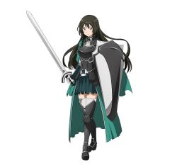 Rule 34 | 10s, 1girl, armor, black hair, boots, character request, frown, gloves, green skirt, highres, holding, holding shoes, holding sword, holding weapon, long hair, official art, pleated skirt, shield, shoes, shoulder armor, simple background, skirt, solo, pauldrons, sword, sword art online, sword art online: code register, thigh boots, thighhighs, weapon, white background, white gloves, yellow eyes