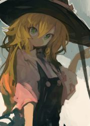 Rule 34 | 1girl, absurdres, black vest, blonde hair, closed mouth, commentary, green eyes, hair between eyes, hand up, hat, highres, kaamin (mariarose753), kirisame marisa, long hair, looking at viewer, shirt, sleeves past elbows, solo, touhou, upper body, vest, white shirt, witch hat