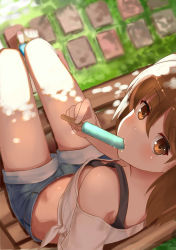 Rule 34 | 1girl, arm rest, bench, black bra, blurry, bra, bra strap, breasts, commentary request, dappled sunlight, denim, denim shorts, depth of field, downblouse, food, food in mouth, from above, from behind, highres, holding, holding food, ice cream, kantai collection, legs together, looking at viewer, looking back, looking up, midriff, nail polish, off-shoulder shirt, off shoulder, okitsugu, outdoors, pink nails, popsicle, popsicle in mouth, ryuujou (kancolle), sandals, shade, shirt, short shorts, shorts, sitting, small breasts, solo, stepping stones, sunlight, thigh gap, thighs, tied shirt, toenail polish, toenails, underwear, white shirt