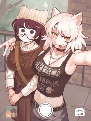 Rule 34 | 2girls, :p, absurdres, animal ear fluff, animal ears, bakeneko, black hair, black hanekawa, breasts, cat ears, cat girl, choker, commentary request, crop top, dual persona, glasses, hanekawa tsubasa, hat, highres, kiwsos, large breasts, long hair, medium hair, midriff, monogatari (series), multiple girls, purple eyes, skirt, smile, tongue, tongue out, white hair, yellow eyes