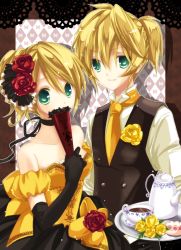 Rule 34 | 1boy, 1girl, aku no musume (vocaloid), bare shoulders, blonde hair, checkered background, collar, cup, dress, elbow gloves, european clothes, flower, flower ornament, gloves, green eyes, hair flower, hair ornament, hand fan, kagamine len, kagamine rin, light smile, neck ribbon, necktie, ponytail, red flower, red rose, retro clothes, ribbon, rose, shirt, teapot, tray, u:tan, vest, victorian, vocaloid, yellow flower, yellow rose