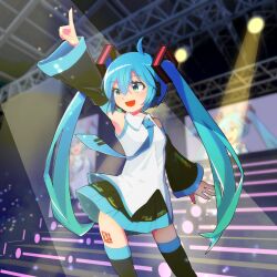 Rule 34 | 1girl, :d, absurdres, ahoge, aqua hair, arm up, bare shoulders, black skirt, black sleeves, black thighhighs, blue hair, blue necktie, breasts, collared shirt, commentary, detached sleeves, gradient hair, green eyes, hair between eyes, hatsune miku, headset, highres, long hair, long sleeves, mamagogo (gomaep), multicolored hair, necktie, open mouth, outstretched arm, pleated skirt, shirt, skirt, sleeveless, sleeveless shirt, small breasts, smile, solo, spotlight, stairs, thighhighs, twintails, very long hair, vocaloid, white shirt, wide sleeves