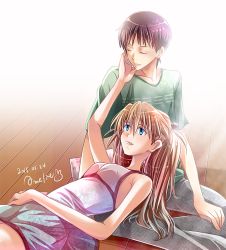 Rule 34 | 1boy, 1girl, amelie, bare arms, bare shoulders, blue eyes, brown hair, collarbone, couple, dress, closed eyes, hair ornament, hand on another&#039;s cheek, hand on another&#039;s face, hetero, ikari shinji, lap pillow, light brown hair, lying, lying on lap, neon genesis evangelion, on back, pants, rebuild of evangelion, shirt, sitting, sleeveless, sleeveless dress, souryuu asuka langley, sundress, two side up