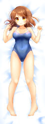 Rule 34 | 1girl, absurdres, barefoot, blue one-piece swimsuit, breasts, brown eyes, brown hair, chiyorinda, commentary request, commission, competition school swimsuit, dakimakura (medium), girlfriend (kari), highres, large breasts, lying, on back, one-piece swimsuit, pixiv commission, school swimsuit, shiina kokomi, short hair, solo, swimsuit