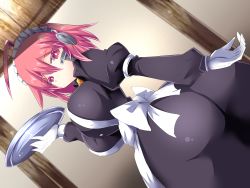 Rule 34 | 1girl, absurdres, ahoge, apron, artist request, ass, blush, breasts, from behind, gloves, headdress, highres, huge ass, large breasts, looking at viewer, looking down, original, pants, red eyes, red hair, shiny clothes, short hair, skin tight, solo