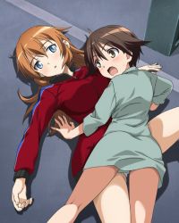 Rule 34 | 2girls, ass, blue eyes, blush, breasts, brown eyes, brown hair, charlotte e. yeager, large breasts, miyafuji yoshika, multiple girls, strike witches, world witches series