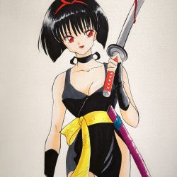 Rule 34 | 1girl, artist request, bare legs, bare shoulders, black hair, blood, bob cut, breasts, choker, cleavage, eyeshadow, fingerless gloves, gloves, hair tie, highres, holding, holding sword, holding weapon, inuyasha, looking at viewer, looking to the side, makeup, medium breasts, painting (medium), pelvic curtain, red eyes, revealing clothes, scan, short hair, skirt, smile, solo, sword, thighs, traditional media, watercolor (medium), weapon, wide hips, sakasagami no yura