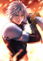 Rule 34 | 1boy, aged down, armor, black gloves, black jacket, blurry, blurry foreground, eilinna, fiery background, fighting stance, final fantasy, final fantasy vii, final fantasy vii ever crisis, final fantasy vii remake, fire, gloves, green eyes, grey hair, high collar, holding, holding sword, holding weapon, jacket, long sleeves, looking at viewer, male focus, masamune (ff7), parted bangs, sephiroth, short hair, shoulder armor, slit pupils, smile, solo, sword, upper body, weapon