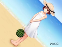 Rule 34 | 1girl, alternate costume, barefoot, beach, blue sky, brown hair, commentary request, csr201, day, dress, dutch angle, food, fruit, hat, horizon, kantai collection, looking at viewer, mutsuki (kancolle), ocean, outdoors, red hair, short hair, sky, sleeveless, solo, standing, straw hat, sun hat, sunglasses, watermelon, white dress