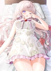 Rule 34 | 1girl, bed, blunt bangs, blush, commentary, commission, dress, eyeshadow, floral print, flower, highres, himeno aimu, indie virtual youtuber, long hair, makeup, ohagetty, open mouth, pillow, pink flower, pink hair, pink rose, purple eyes, purple eyeshadow, rose, skeb commission, solo, virtual youtuber, white dress