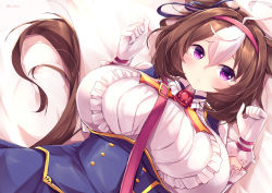 Rule 34 | 1girl, absurdres, ahoge, animal ears, between breasts, blue dress, blue ribbon, blush, bow, breasts, brown hair, center frills, closed mouth, collared shirt, dress, ear ribbon, frills, gloves, hairband, highres, horse ears, horse girl, horse tail, kanzakietc, large breasts, looking at viewer, lying, medium hair, meisho doto (umamusume), multicolored hair, on back, purple eyes, ribbon, shirt, solo, strap between breasts, streaked hair, tail, twitter username, umamusume, white gloves, white hair, white shirt