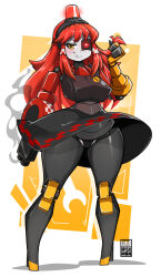 Rule 34 | 1girl, android, bayeuxman, breasts, fangs, full body, highres, joints, large breasts, mecha musume, medium breasts, mimi-sentry, paid reward available, red hair, robot joints, sidelocks, skirt, smoke, solo, standing, team fortress 2