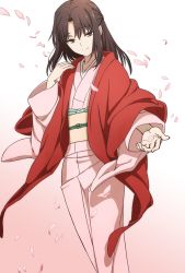 Rule 34 | 1girl, aged up, brown eyes, brown hair, commission, half updo, haori, highres, japanese clothes, kara no kyoukai, kimono, long hair, oiun, outstretched hand, petals, pixiv commission, ryougi shiki, short hair, smile, solo