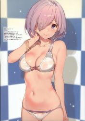 Rule 34 | 1girl, :3, absurdres, alternate costume, arm up, bangle, bare shoulders, bikini, bikini bridge, bracelet, breasts, chinese text, cleavage, closed mouth, collarbone, cowboy shot, fate/grand order, fate (series), hair over one eye, hand in own hair, hand up, head tilt, highres, jewelry, mash kyrielight, medium breasts, multi-strapped bikini bottom, multi-strapped bikini top, navel, purple eyes, purple hair, scan, short hair, smile, solo, step and repeat, swimsuit, thighs, traditional chinese text, white bikini, yuran
