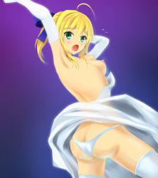 Rule 34 | 1girl, :o, ahoge, armpits, artoria pendragon (all), artoria pendragon (fate), ass, blonde hair, blush, breasts, butt crack, elbow gloves, fate/stay night, fate (series), flying sweat, flying sweatdrops, gloves, green eyes, highres, masana, medium breasts, nipples, official alternate costume, panties, saber (fate), simple background, solo, thighhighs, underwear, white panties