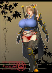 Rule 34 | 1girl, armor, bare shoulders, blonde hair, boots, breasts, brown eyes, female focus, fingerless gloves, gloves, hair ornament, highres, huge breasts, katana, lipstick, makeup, mature female, navel, original, panties, pixiv fantasia, pixiv fantasia new world, plump, ponytail, red lips, red panties, solo, standing, supi (beowolf 1999), sword, thighhighs, thighs, underwear, weapon, wide hips