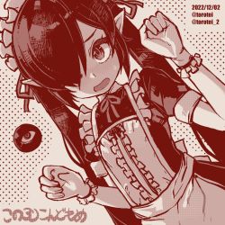 Rule 34 | 1girl, alternate costume, apron, arms up, artist name, backbeako (torotei), backbeard, commentary, dated, dutch angle, enmaided, frilled apron, frills, gegege no kitarou, hair over one eye, kono lolicon domome, long hair, looking at viewer, maid, maid headdress, monochrome, neck ribbon, open mouth, original, pointy ears, ribbon, short sleeves, solo, sweatdrop, torotei, translated, twintails, twitter username, upper body