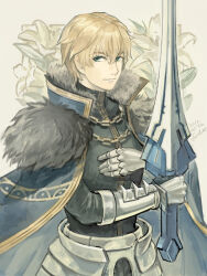 Rule 34 | 1boy, armor, black shirt, blonde hair, blue cape, cape, chain, closed mouth, dated, fate/grand order, fate (series), fon-due (fonfon), gauntlets, gawain (fate), grey background, holding, holding sword, holding weapon, looking at viewer, male focus, shirt, short hair, signature, solo, sword, weapon