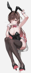 Rule 34 | 1girl, animal ears, arm up, armpits, bare shoulders, black footwear, black thighhighs, blush, bow, bowtie, braid, breasts, brown eyes, brown hair, cleavage, closed mouth, covered navel, detached collar, dot mouth, fake animal ears, french braid, high heels, highleg, highleg leotard, highres, holding ear, kanojo okarishimasu, large breasts, leotard, long hair, looking at viewer, mizuhara chizuru, nail polish, no bra, one eye closed, one side up, parted bangs, playboy bunny, rabbit ears, rabbit tail, red bow, red bowtie, simple background, solo, tail, thighhighs, thighs, tokkyu, white background, white wrist cuffs, wrist cuffs