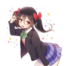 Rule 34 | 10s, 1girl, \m/, bad id, bad twitter id, black hair, blazer, blush, bow, checkered clothes, checkered skirt, hair bow, jacket, long hair, looking at viewer, love live!, love live! school idol project, mery (yangmalgage), open mouth, red eyes, school uniform, skirt, smile, solo, twintails, yazawa nico