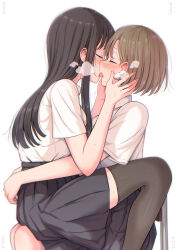 Rule 34 | 2girls, absurdres, arms around waist, artist name, betock, black hair, black skirt, black thighhighs, blush, breath, brown hair, closed eyes, commentary request, french kiss, hands on another&#039;s face, highres, kiss, long hair, monochrome, multiple girls, original, pleated skirt, school uniform, shirt, short hair, short sleeves, sidelocks, simple background, sitting, sitting on lap, sitting on person, skirt, sweat, thighhighs, white background, white shirt, yuri