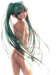 Rule 34 | 1girl, ass, blue eyes, breasts, cowboy shot, from side, green hair, hatsune miku, highres, kaede tachibana, long hair, nipples, nude, small breasts, solo, standing, twintails, very long hair, vocaloid, white background