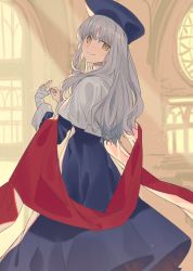Rule 34 | 1girl, bandages, breasts, caren hortensia, church, fate/hollow ataraxia, fate (series), hat, highres, long hair, long sleeves, looking at viewer, noko morokoshi, robe, shroud of magdalene, smile, solo, type-moon, white hair, yellow eyes