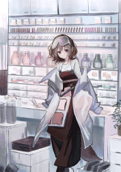 Rule 34 | 1girl, absurdres, apron, arknights, arm support, arms at sides, blouse, brown eyes, brown hair, brown pants, choker, closed mouth, coat, collarbone, cosmetics, flower pot, full body, goggles, goggles on head, highres, light smile, lipstick tube, long sleeves, looking at viewer, makeup, makeup brush, medium hair, natsuba002, otter girl, otter tail, oversized clothes, palette (object), pants, plant, roberta (arknights), shelf, shirt, solo, table, tail, white choker, white coat, white shirt