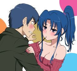 Rule 34 | 1boy, 1girl, alternate hairstyle, black jacket, blue eyes, blue hair, blush, breasts, cleavage, collarbone, embarrassed, food, food in mouth, grapingu, highres, jacket, kawashima ami, long hair, looking at another, nail polish, off-shoulder sweater, off shoulder, pink nails, pocky, pocky in mouth, ponytail, red sweater, ribbed sweater, short hair, sweater, takasu ryuuji, toradora!