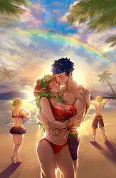 Rule 34 | 2boys, 2girls, ahoge, alternate costume, back, ball, beachball, bikini, bikini skirt, blue hair, blue sky, blush, bracelet, breasts, cleavage, cloud, commentary, english commentary, eye print, family, father and daughter, father and son, fire emblem, fire emblem awakening, fire emblem heroes, green hair, hair ornament, holding, holding ball, hug, hug from behind, husband and wife, jewelry, kiss, kissing cheek, krazehkai, large breasts, long hair, male swimwear, morgan (female) (fire emblem), morgan (fire emblem), morgan (male) (fire emblem), mother and daughter, mother and son, multiple boys, multiple girls, muscular, muscular male, navel, nintendo, official alternate costume, official alternate hair color, open mouth, outdoors, pointy ears, ponytail, print male swimwear, print swim trunks, print swimsuit, purple bikini, purple male swimwear, purple swim trunks, rainbow, red bikini, ring, robin (fire emblem), robin (male) (fire emblem), sand, short hair, skirt, sky, smile, stomach, sunlight, swim trunks, swimsuit, tiki (adult) (fire emblem), tiki (adult) (summer) (fire emblem), tiki (fire emblem), topless male, water, wedding ring