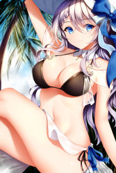 Rule 34 | 1girl, alternate costume, arm support, arm up, armpits, azur lane, bare shoulders, bikini, black bikini, blue bow, blue eyes, blue ribbon, blue sky, blurry, blurry background, blush, bow, braid, breasts, cleavage, closed mouth, cloud, collarbone, commentary, cross, crossed legs, curvy, day, detached collar, eyes visible through hair, french braid, hair bow, hair ribbon, hand on headwear, hat, head tilt, highres, jewelry, large breasts, light purple hair, long hair, looking at viewer, navel, necklace, outdoors, palm tree, ribbon, sarong, see-through, shiny skin, side-tie bikini bottom, sidelocks, sitting, skindentation, sky, smile, solo, stomach, striped ribbon, sun hat, swimsuit, thighs, tree, very long hair, vestal (azur lane), vestal (revigorating hestia) (azur lane), wavy hair, white hat, white sarong, wsman