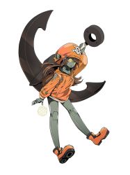 Rule 34 | 1girl, anchor, backpack, bag, clothed robot, colored skin, grey skin, guilty gear, guilty gear strive, hat, highres, hood, hoodie, huge weapon, humanoid robot, joints, looking at viewer, may (guilty gear), mechanization, object through head, orange footwear, orange headwear, orange hoodie, robot, robot joints, screw in head, shoes, short shorts, shorts, skull and crossbones, watermark, weapon, woraya chotikul, yellow eyes
