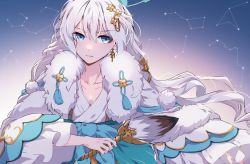Rule 34 | 1girl, aer007580, blue eyes, chinese clothes, closed mouth, collarbone, earrings, feather fan, fur trim, hair ornament, hand fan, highres, holding, holding fan, honkai (series), honkai impact 3rd, jewelry, long hair, solo, tassel, theresa apocalypse, zhuge kongming (honkai impact), white hair, wide sleeves, zhuge kongming (honkai impact)