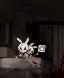 Rule 34 | 3girls, :t, blood, blood on face, blood splatter, child, couch, curtains, dark, death, eating, expressionless, food, highres, horror (theme), indoors, multiple girls, one side up, original, pale skin, popcorn, rabbit ears, rabbit girl, red eyes, severed arm, severed limb, shirokujira, short twintails, television, twintails, white hair