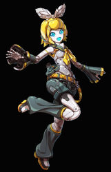 Rule 34 | 1girl, absurdres, belt, black background, blonde hair, blue eyes, blue mouth, blue sclera, colored sclera, colored skin, detached leggings, detached sleeves, frame arms, full body, highres, joints, kagamine rin, mechanical hair, mechanization, robot girl, robot joints, solo, taedu, vocaloid, white skin