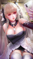 Rule 34 | 1girl, azur lane, bare shoulders, between breasts, black dress, blush, breasts, cleavage, dress, earrings, formidable (azur lane), frilled dress, frills, hair ribbon, highres, holding, holding phone, jewelry, large breasts, long hair, long sleeves, looking at phone, nail polish, panties, parted lips, phone, red eyes, ribbon, silver hair, solo, thighhighs, turewindwalker, twintails, two-tone dress, underwear, very long hair, white panties, white thighhighs