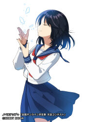 Rule 34 | 1girl, black hair, blue sailor collar, blue skirt, closed eyes, closed mouth, copyright notice, copyright request, hands up, highres, long sleeves, neckerchief, nekozuki yuki, official art, pleated skirt, profile, puffy long sleeves, puffy sleeves, red neckerchief, sailor collar, school uniform, serafuku, shirt, simple background, skirt, smile, solo, split mouth, white background, white shirt